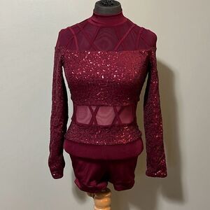 Weissman Women's Burgundy Sequin Embellished Mesh Panels Leotard Small Adult